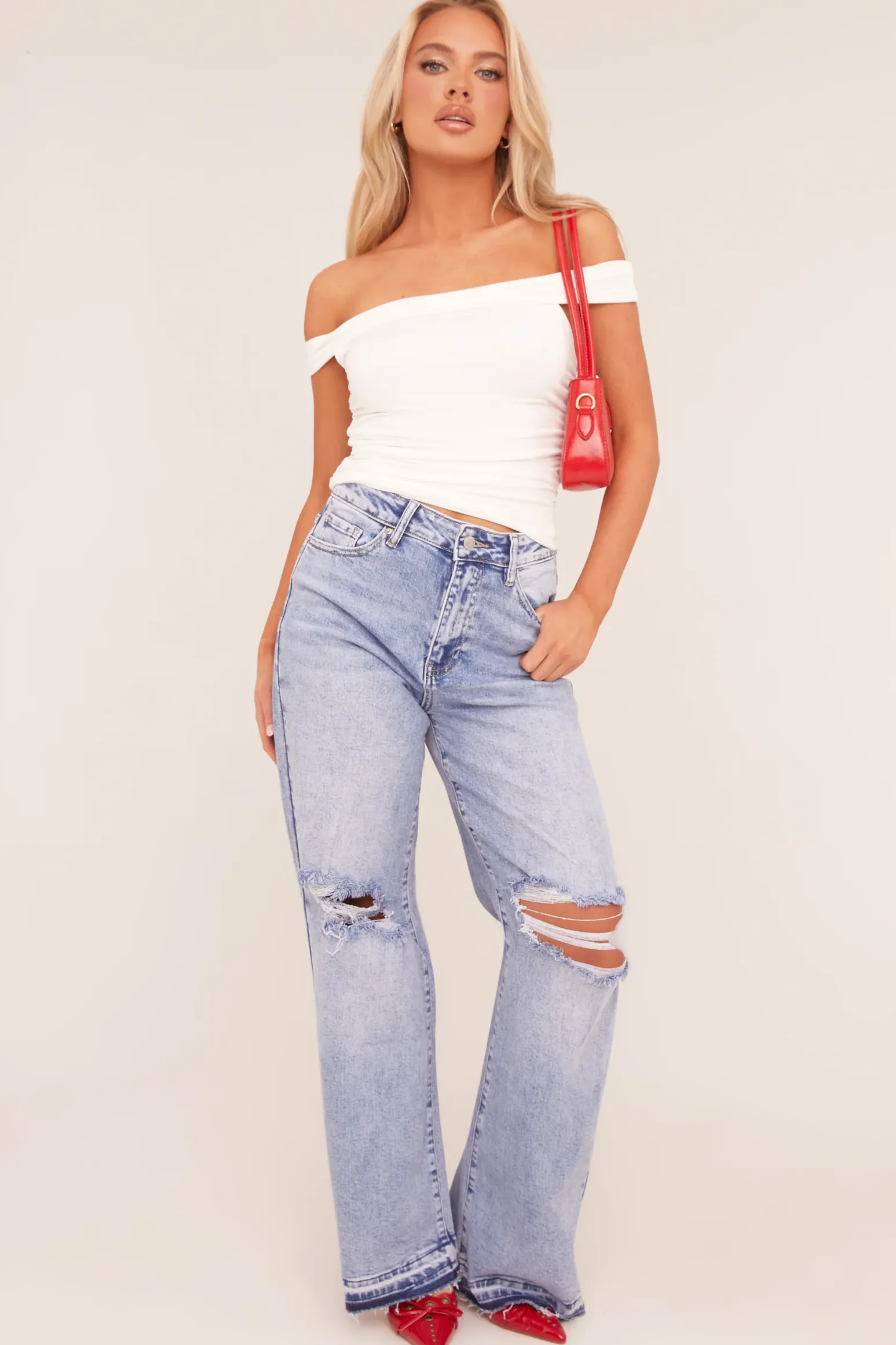 Rebellious Fashion Light Blue Stretch Distressed Wide Leg Jeans - Bluebell