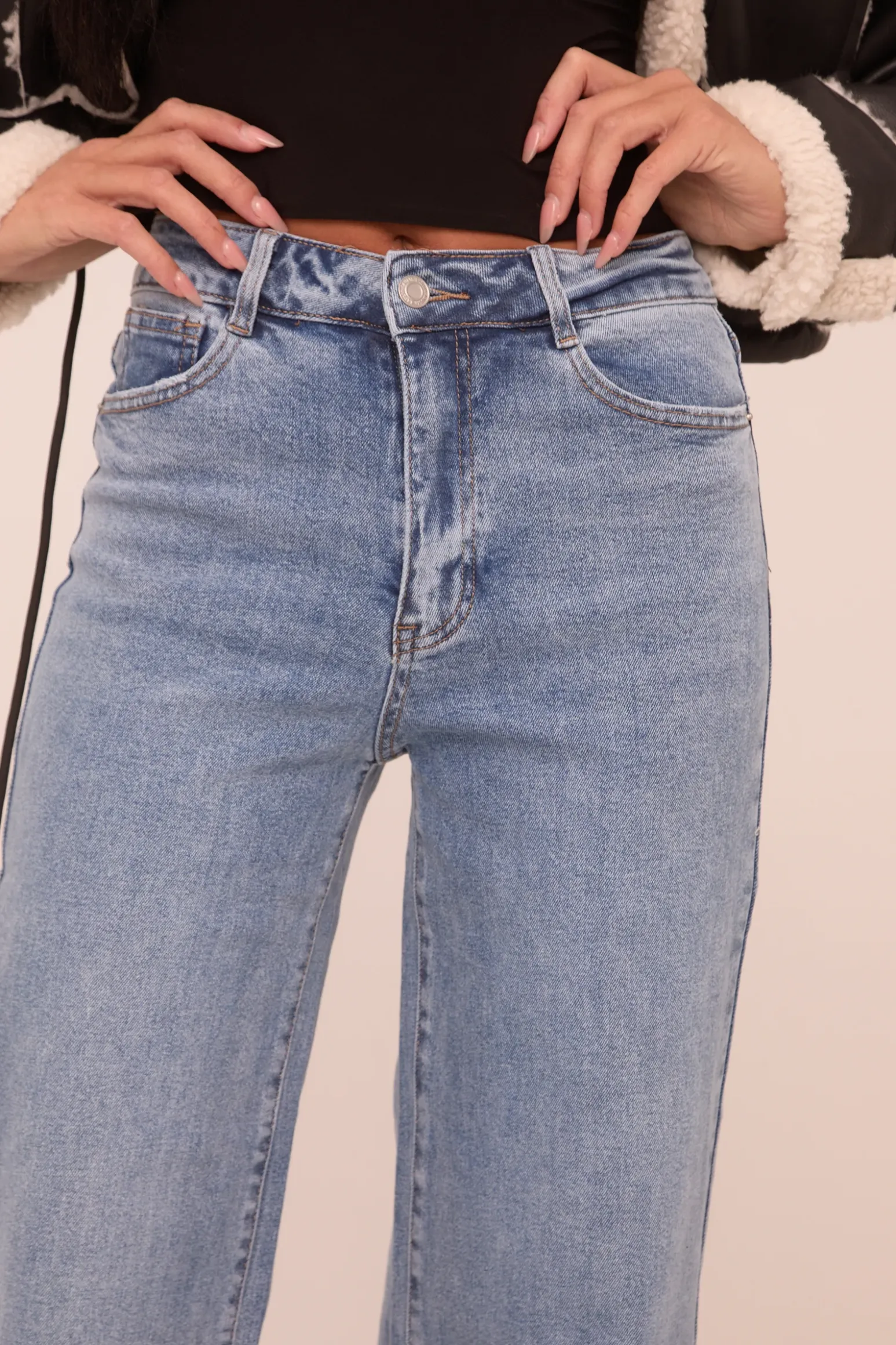 Rebellious Fashion Light Blue Stretch Mid Waist Turn Up Hem Wide Leg Denim Jeans - Stacy