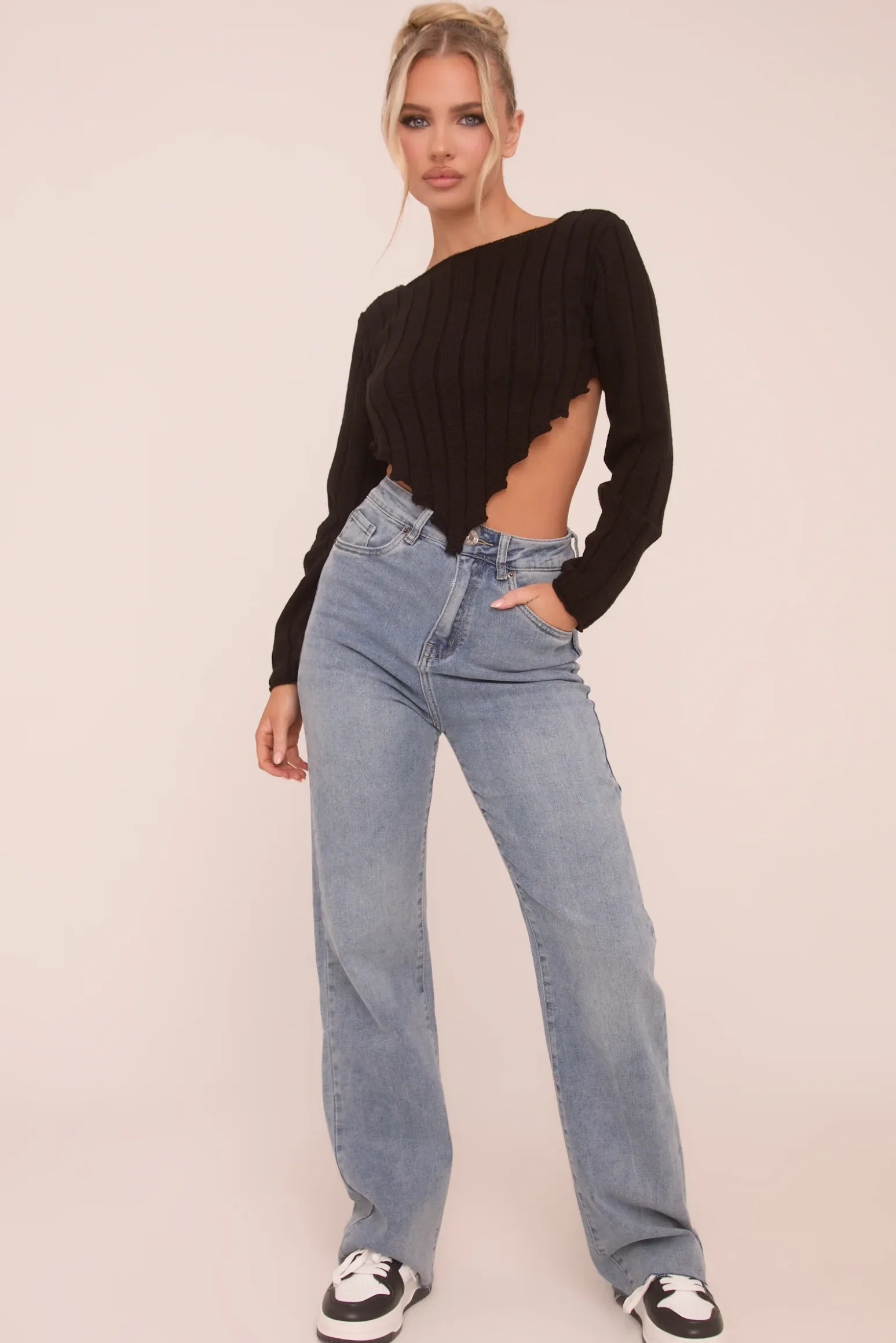 Rebellious Fashion Light Blue Stretch Straight Leg Frayed Hem Jeans - Piper