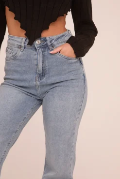 Rebellious Fashion Light Blue Stretch Straight Leg Frayed Hem Jeans - Piper