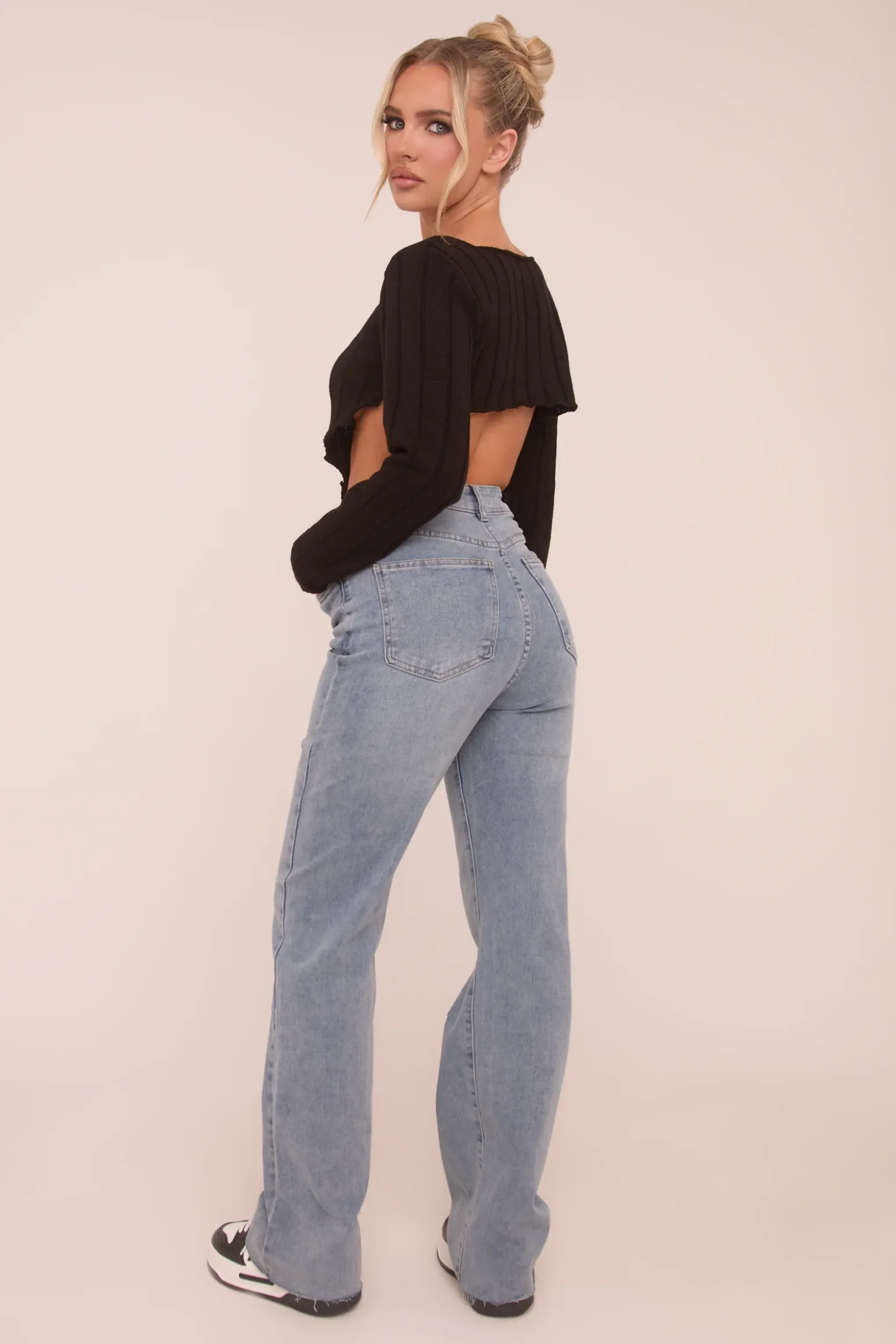 Rebellious Fashion Light Blue Stretch Straight Leg Frayed Hem Jeans - Piper