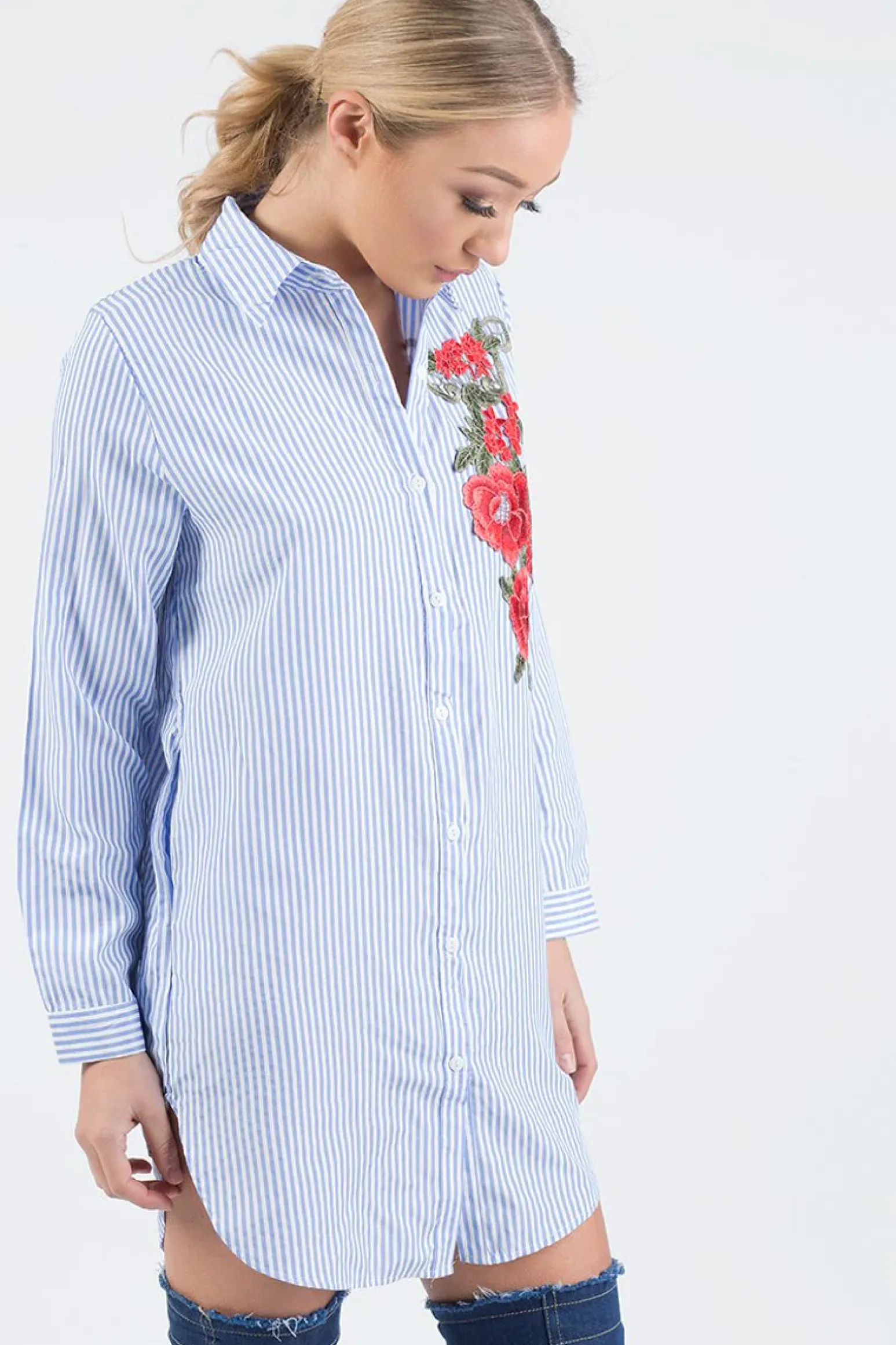 Rebellious Fashion Light Blue Striped Embroidered Oversized Shirt - Kaya