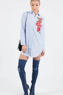 Rebellious Fashion Light Blue Striped Embroidered Oversized Shirt - Kaya
