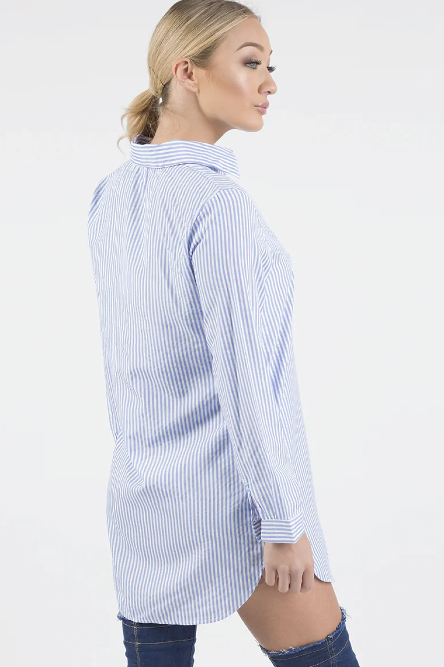 Rebellious Fashion Light Blue Striped Embroidered Oversized Shirt - Kaya