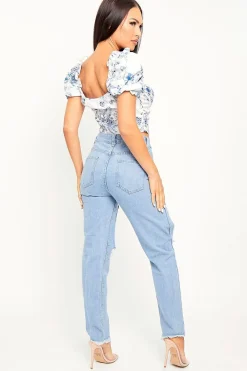 Rebellious Fashion Light Blue Thigh Rip Frayed Hem Mom Jeans - Frayah
