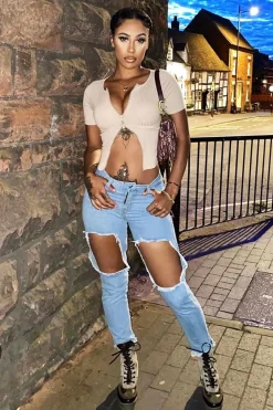 Rebellious Fashion Light Blue Thigh Rip Frayed Hem Mom Jeans - Frayah