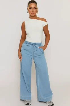 Rebellious Fashion Light Blue Wash Elasticated Waist Wide Leg Jeans - Paddy