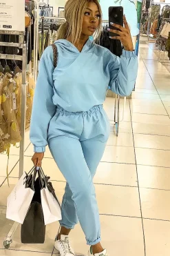 Rebellious Fashion Light Blue Woven Drawstring Hoodie Jogger Co-Ord - Elvira