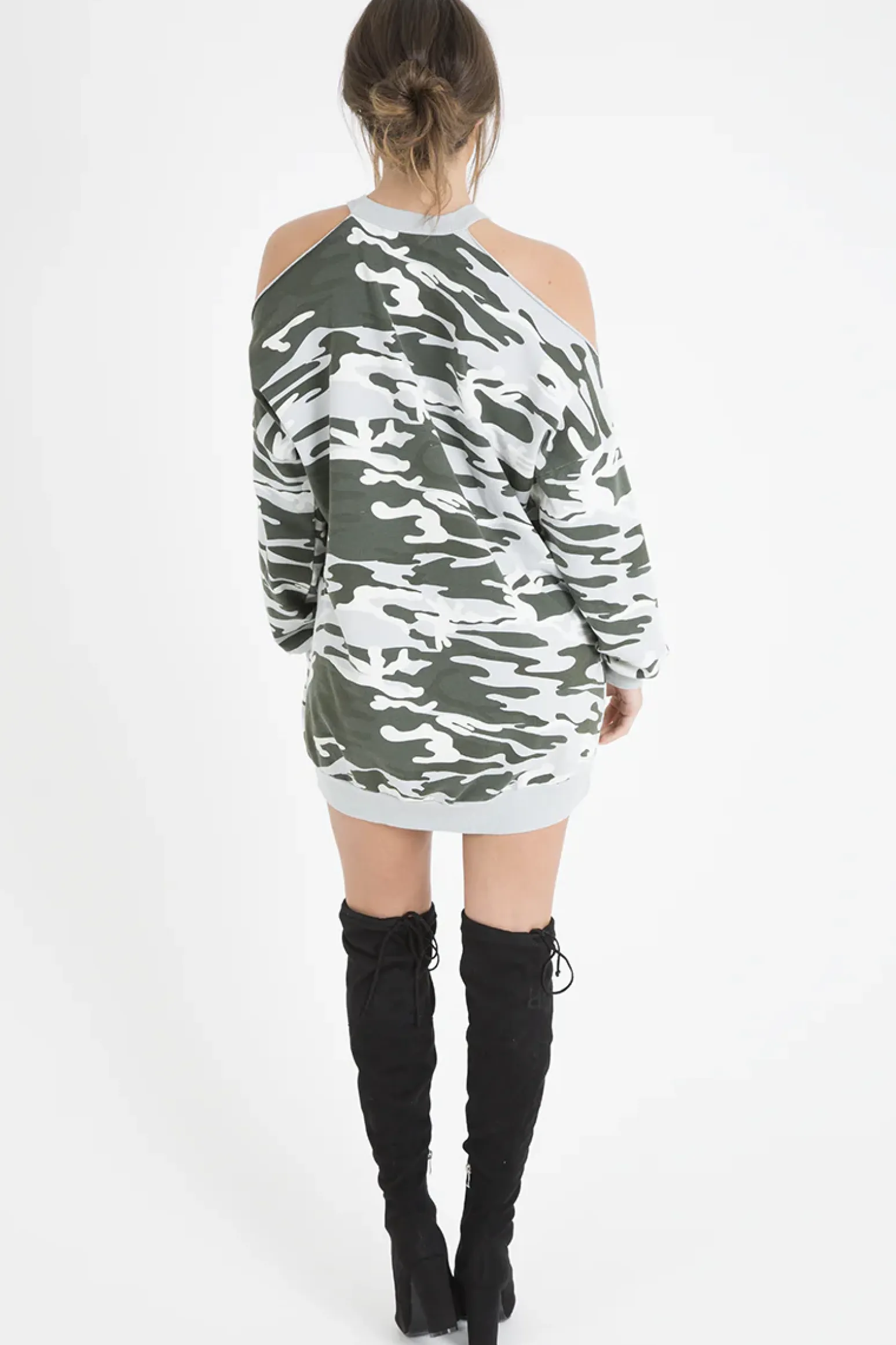 Rebellious Fashion Light Camo Cold Shoulder Jumper Dress - Acacia