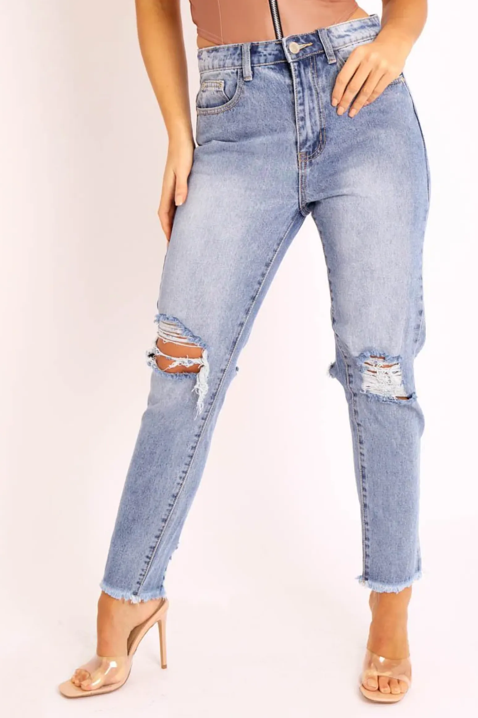Rebellious Fashion Light Denim Back Distressed Mom Jeans - Mio