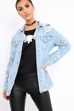 Rebellious Fashion Light Denim Distressed Jacket - Florrie