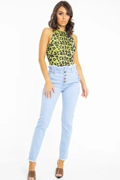 Rebellious Fashion Light Denim High Waist Frilled Hem Paperbag Jeans - Cataleyah