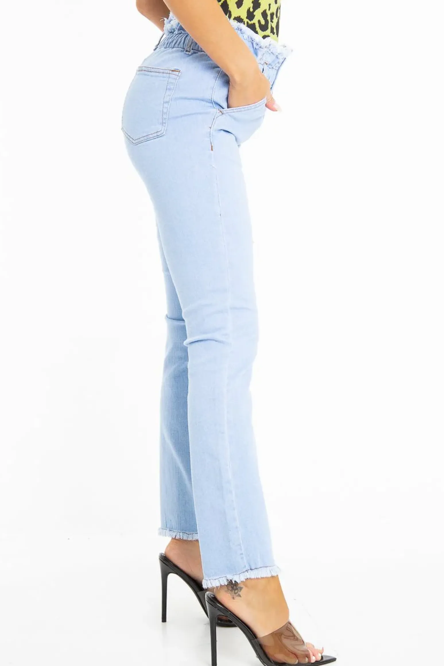 Rebellious Fashion Light Denim High Waist Frilled Hem Paperbag Jeans - Cataleyah