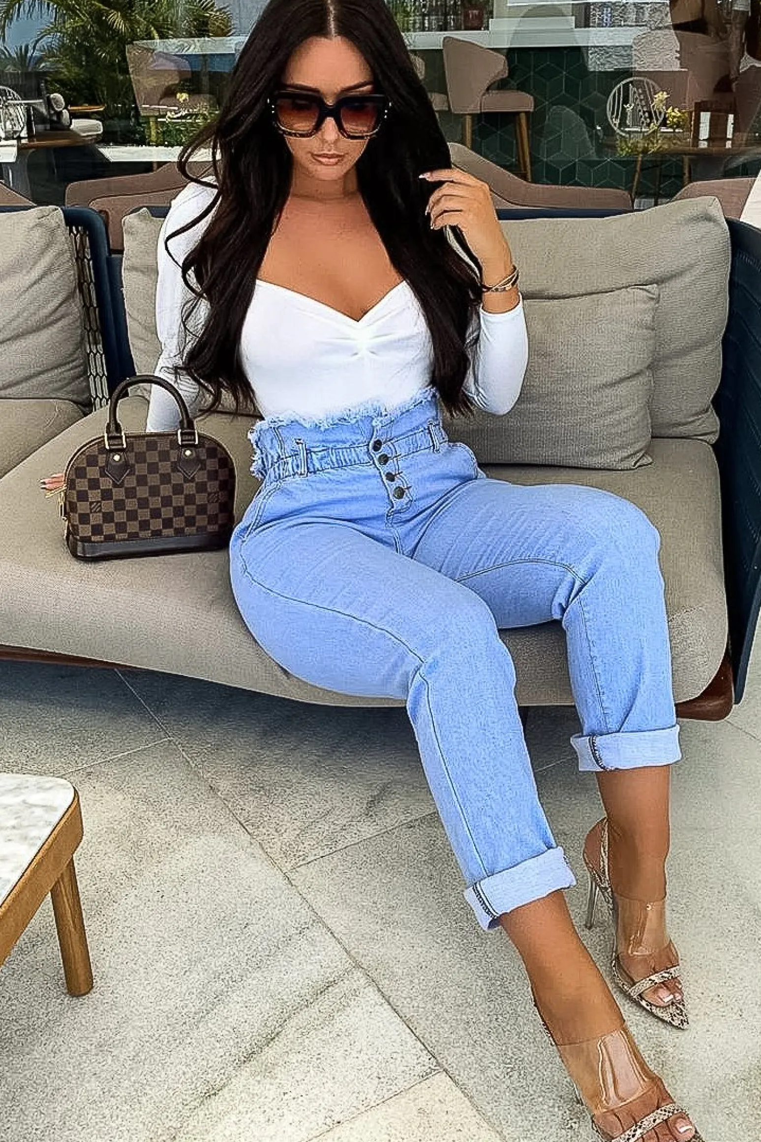 Rebellious Fashion Light Denim High Waist Frilled Hem Paperbag Jeans - Cataleyah