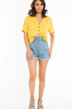 Rebellious Fashion Light Denim High Waist Frilled Hem Paperbag Shorts - Raivyn