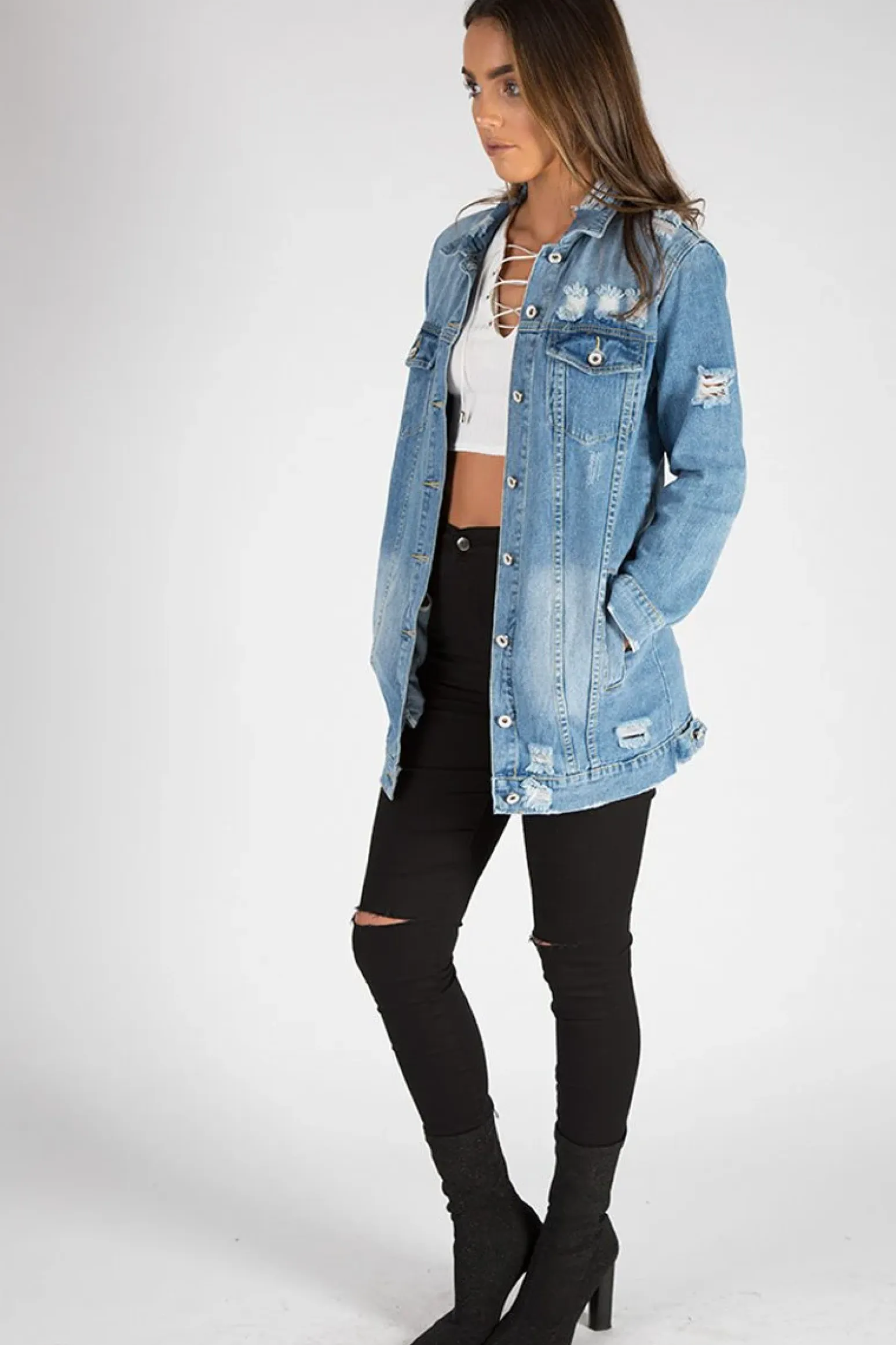 Rebellious Fashion Light Denim Oversized Distressed Denim Jacket - Tilly