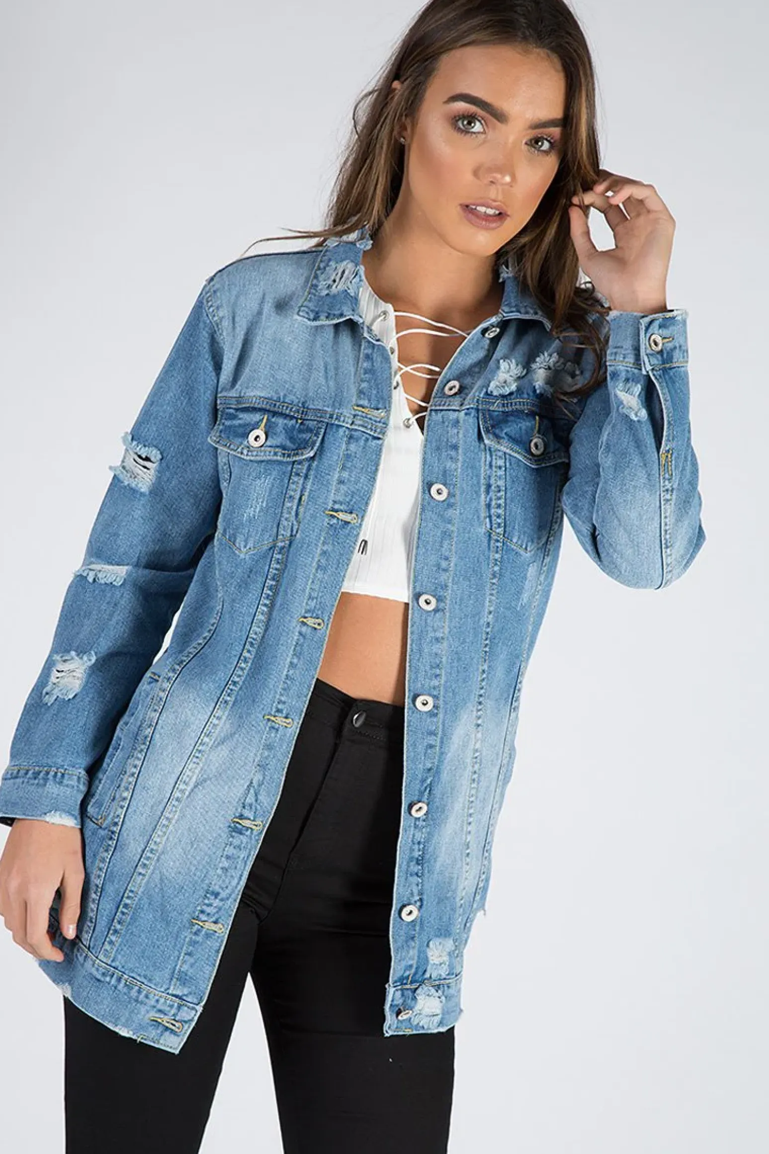 Rebellious Fashion Light Denim Oversized Distressed Denim Jacket - Tilly