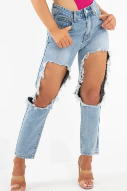 Rebellious Fashion Light Extreme Rip Boyfriend Jeans - Mazy
