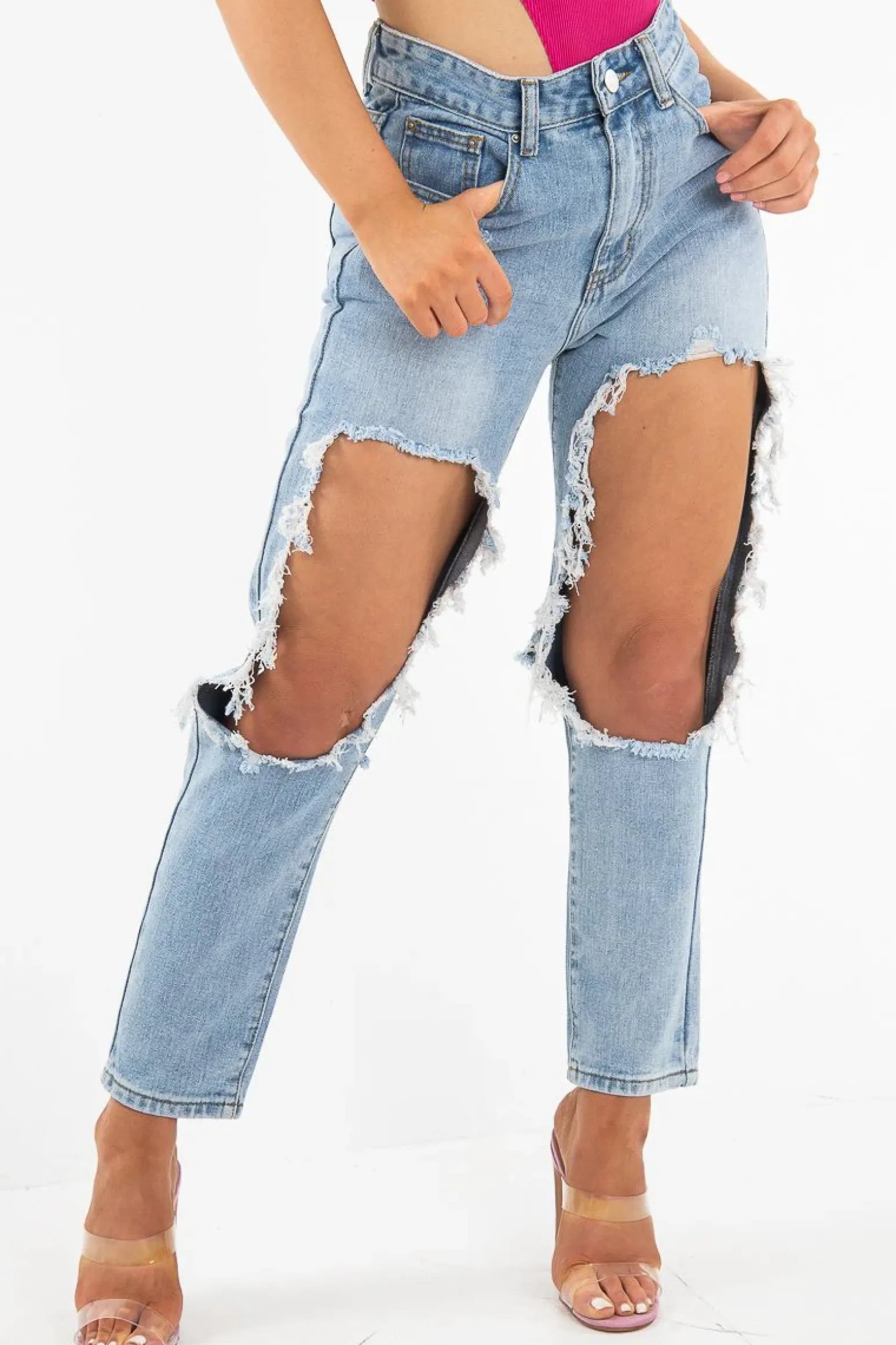 Rebellious Fashion Light Extreme Rip Boyfriend Jeans - Mazy