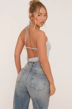 Rebellious Fashion Light Grey Eyelet Halter Top - Glenda