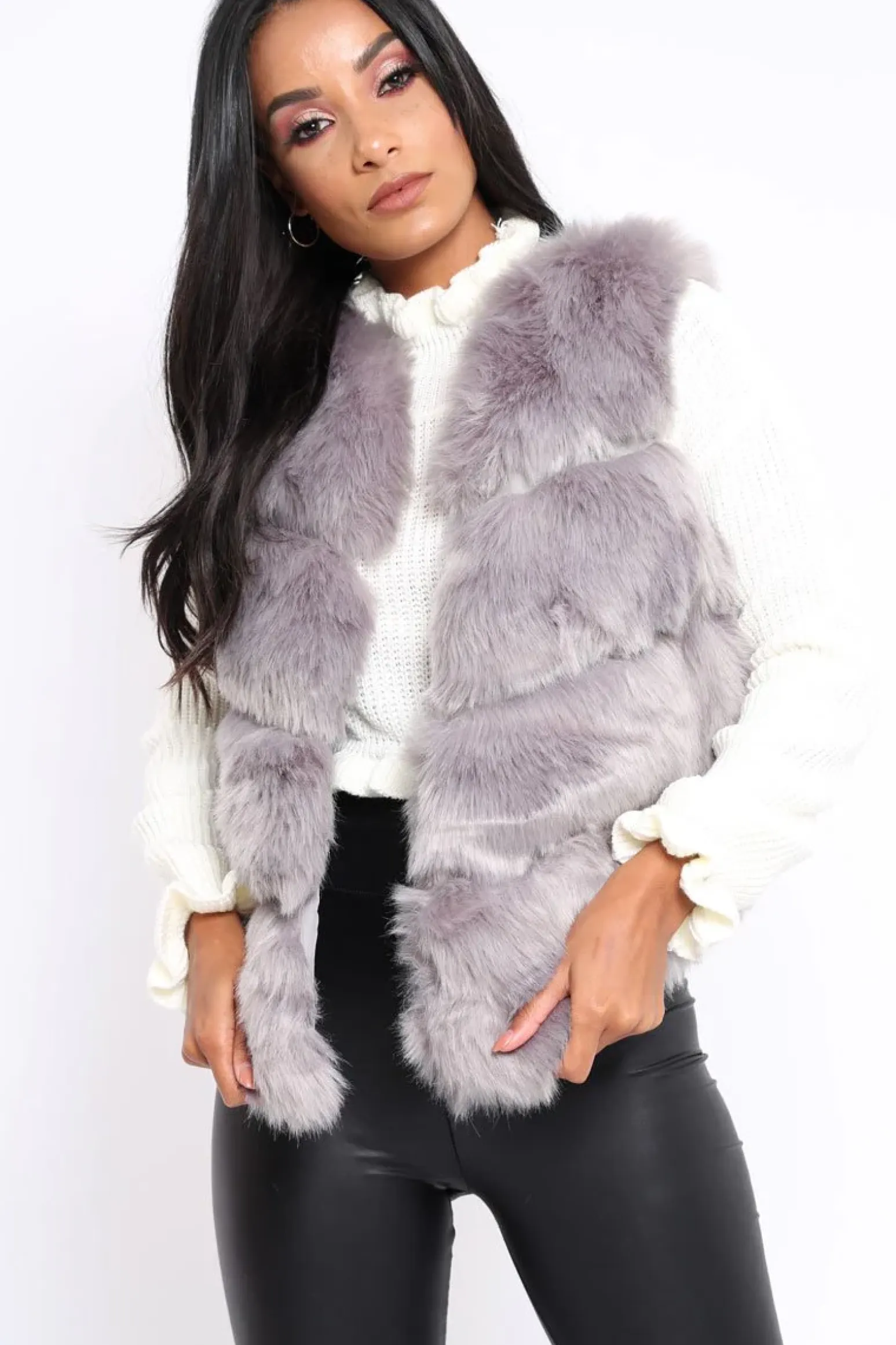 Rebellious Fashion Light Grey Faux Leather And Fur Cropped Gilet - Leila