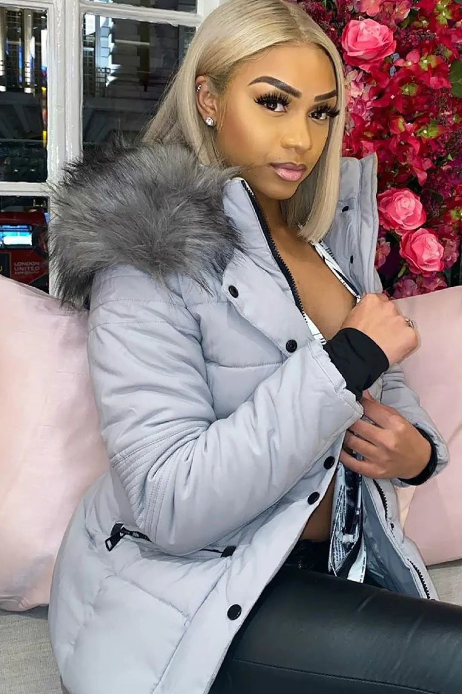 Rebellious Fashion Light Grey Fur Trim Adjustable Waist Puffer Coat - Rossie