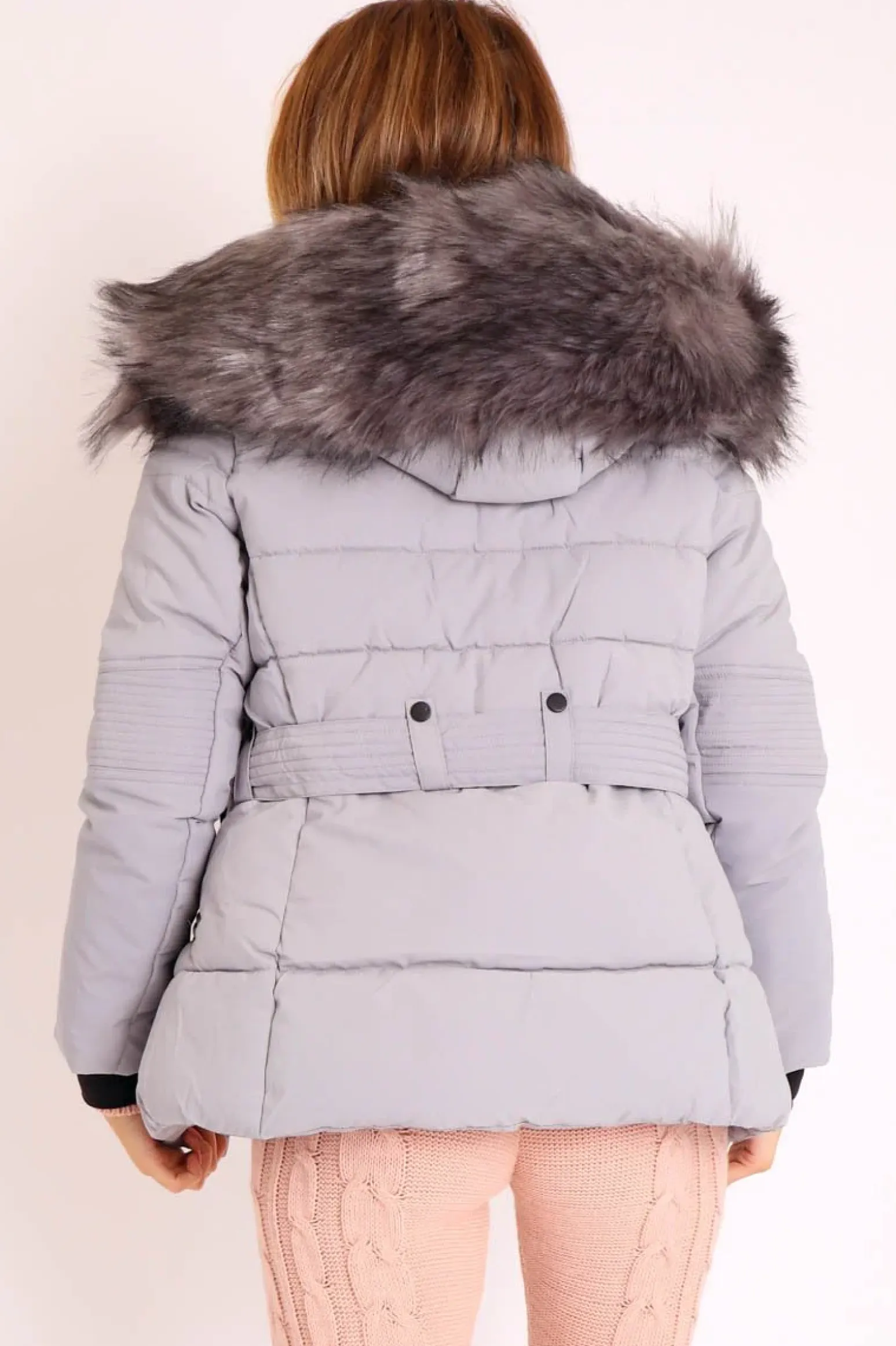 Rebellious Fashion Light Grey Fur Trim Adjustable Waist Puffer Coat - Rossie