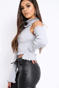 Rebellious Fashion Light Grey Halter Neck Frill Jumper - Niley