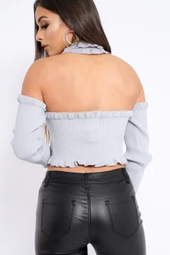 Rebellious Fashion Light Grey Halter Neck Frill Jumper - Niley