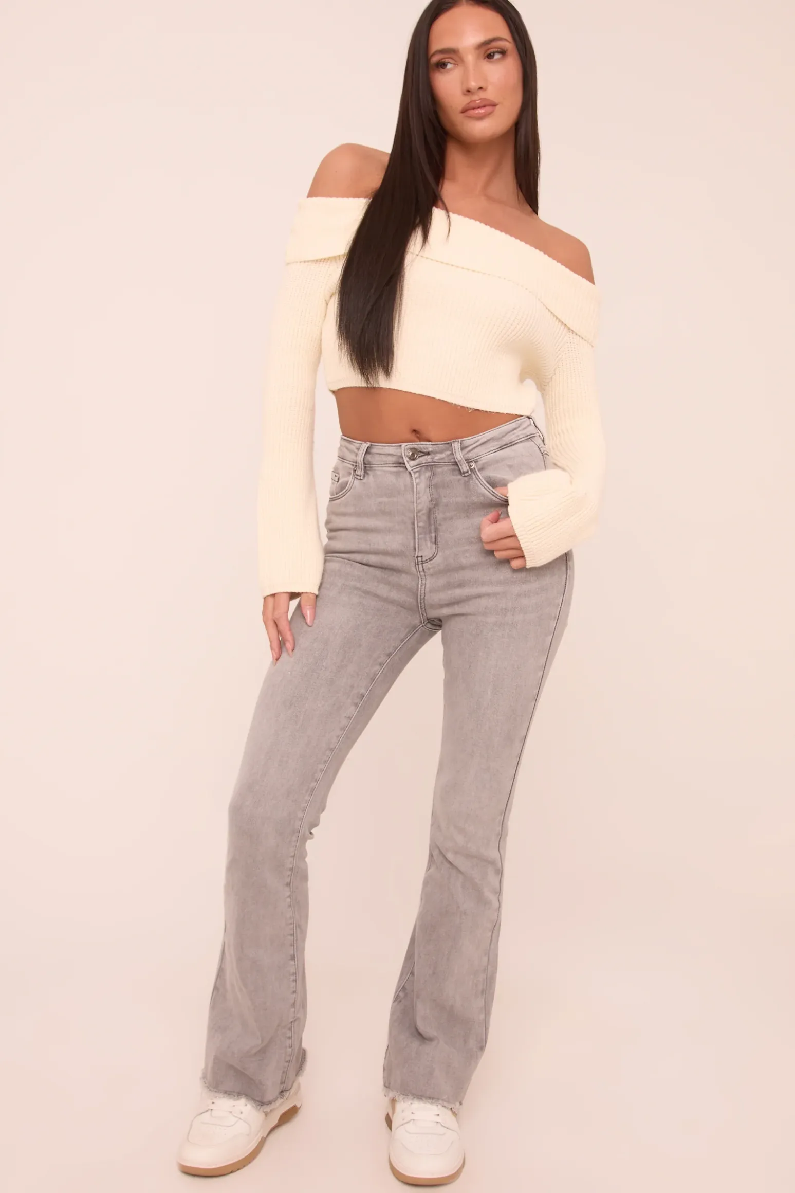 Rebellious Fashion Light Grey High Waist Kick Flare Frayed Hem Denim Jeans - Aspen
