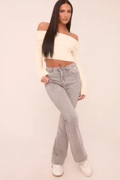 Rebellious Fashion Light Grey High Waist Kick Flare Frayed Hem Denim Jeans - Aspen
