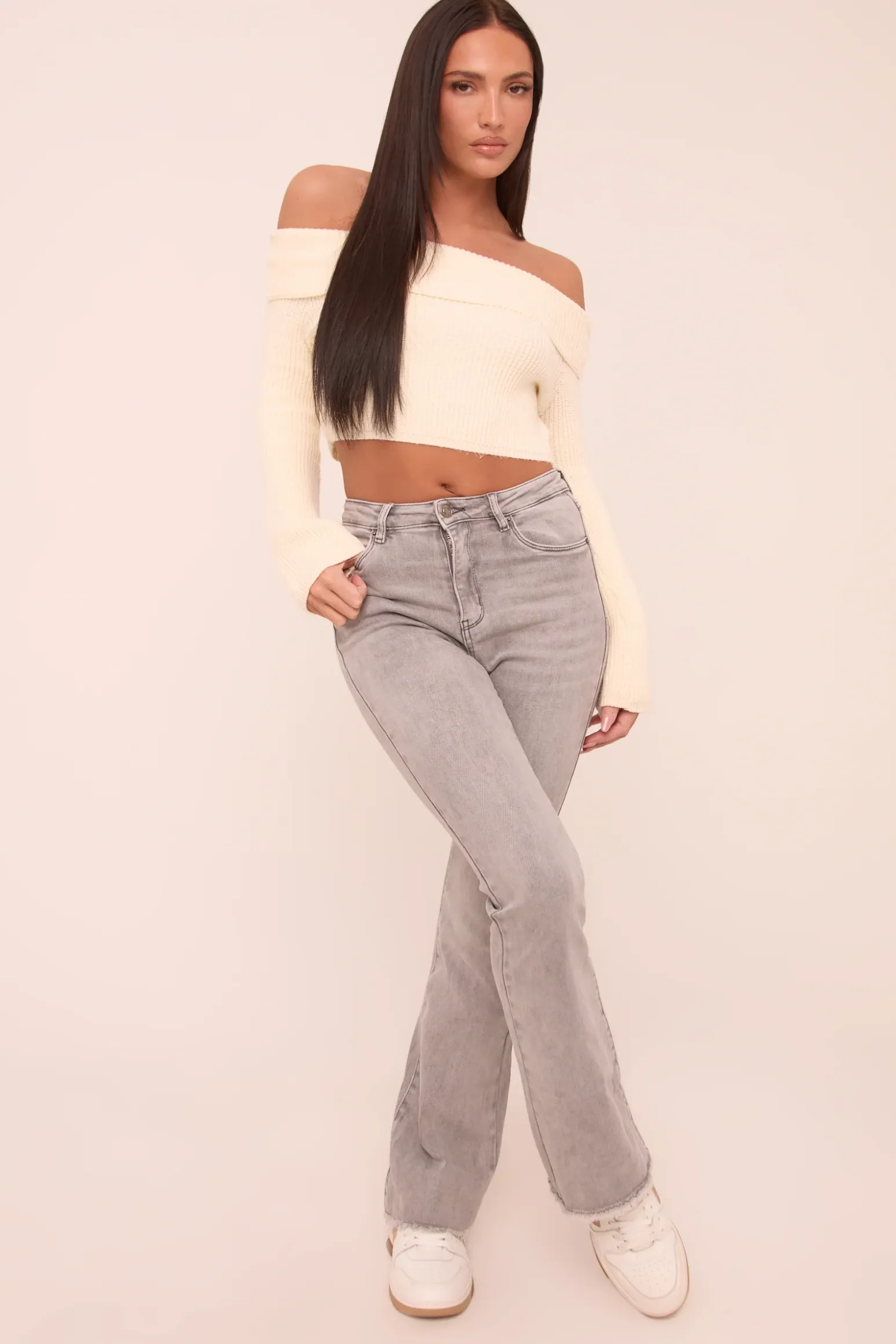 Rebellious Fashion Light Grey High Waist Kick Flare Frayed Hem Denim Jeans - Aspen