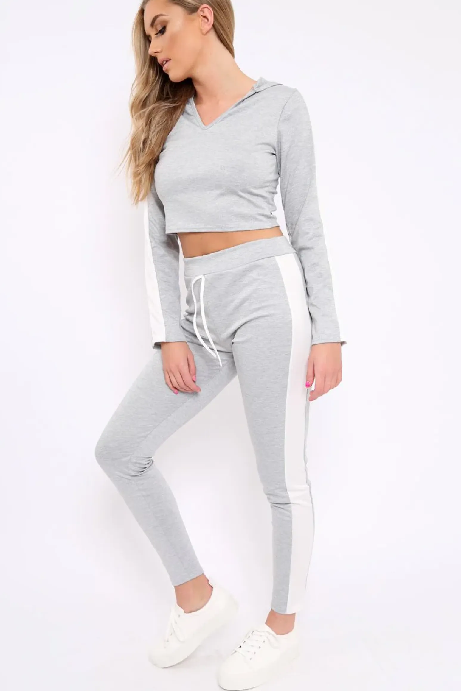 Rebellious Fashion Light Grey Hoodie and Joggers Side Stripe Loungewear Set - Dora