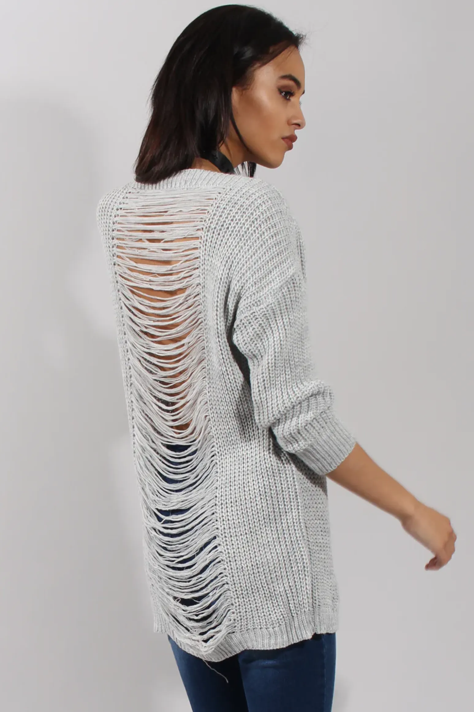 Rebellious Fashion Light Grey Knitted Distressed Back Jumper Dress - Cara