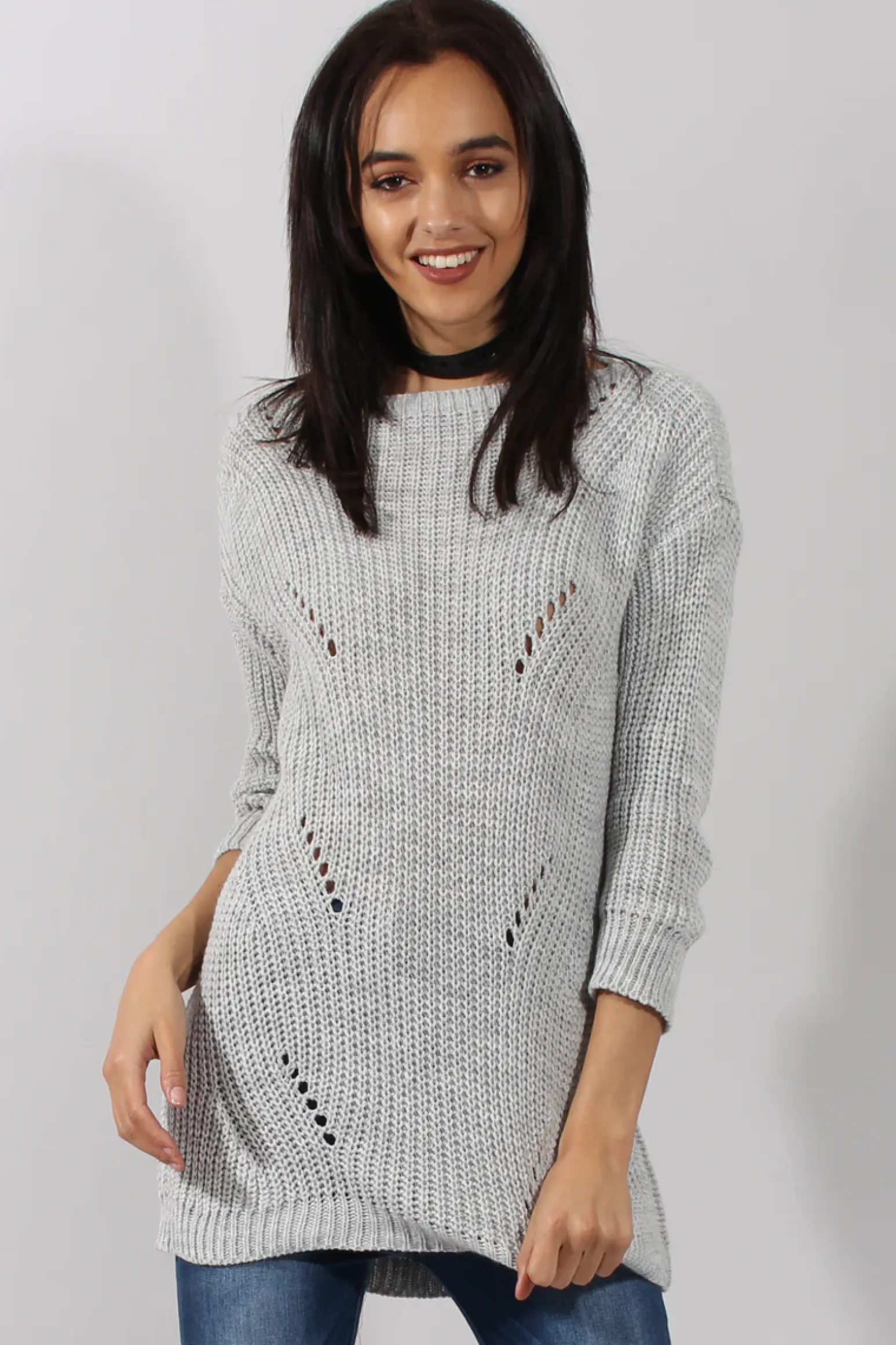 Rebellious Fashion Light Grey Knitted Distressed Back Jumper Dress - Cara