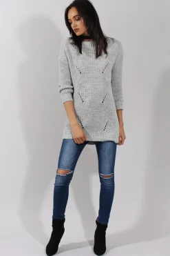 Rebellious Fashion Light Grey Knitted Distressed Back Jumper Dress - Cara