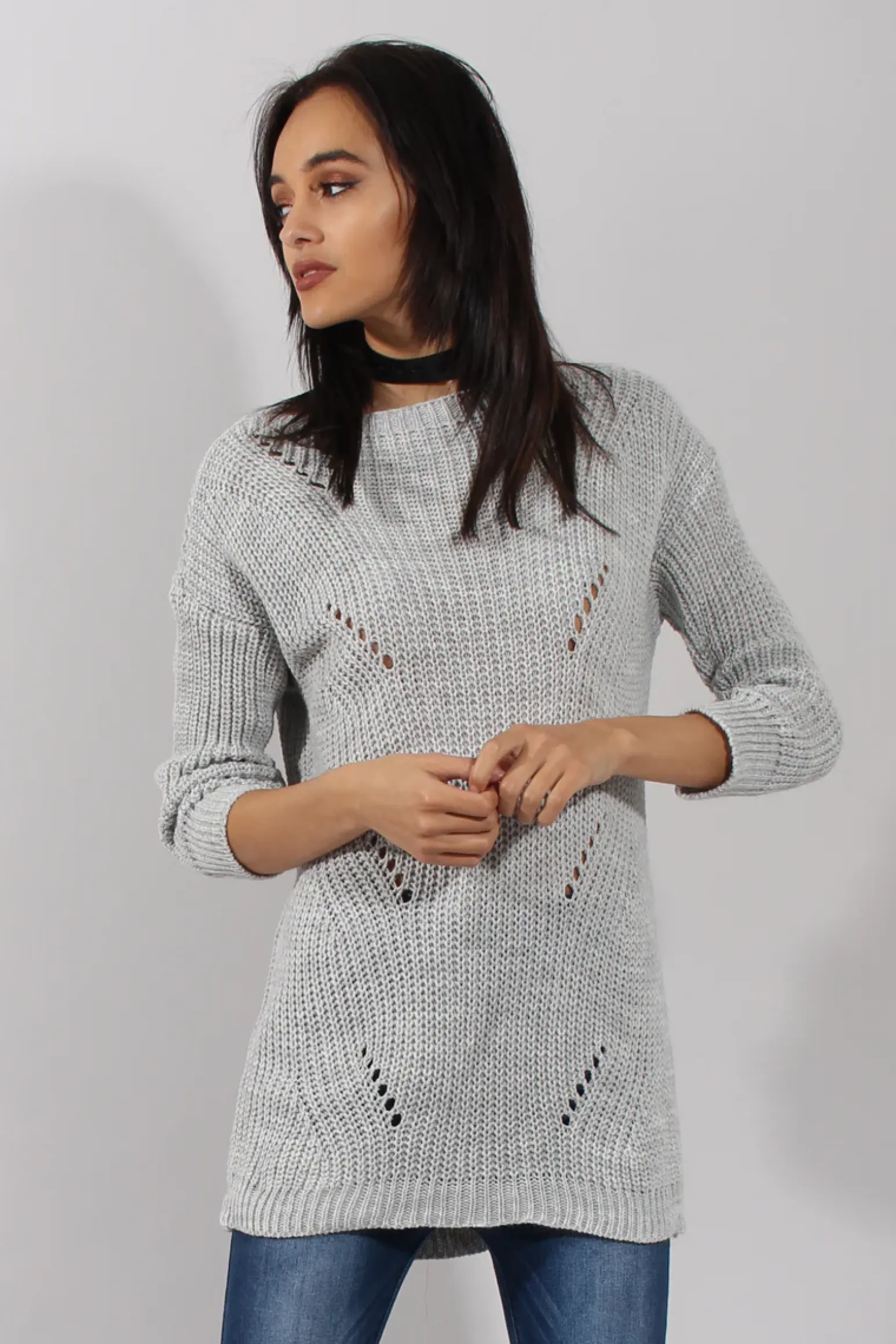 Rebellious Fashion Light Grey Knitted Distressed Back Jumper Dress - Cara