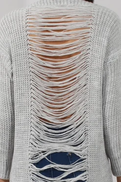 Rebellious Fashion Light Grey Knitted Distressed Back Jumper Dress - Cara