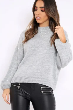 Rebellious Fashion Light Grey Puff Sleeve Pearl Chunky Knit Jumper - Nancie