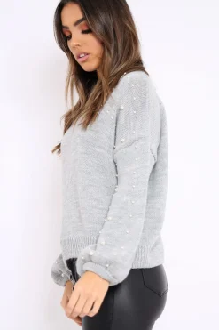 Rebellious Fashion Light Grey Puff Sleeve Pearl Chunky Knit Jumper - Nancie