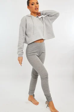 Rebellious Fashion Light Grey Ribbed Ruched Ankle Leggings - Hollyann