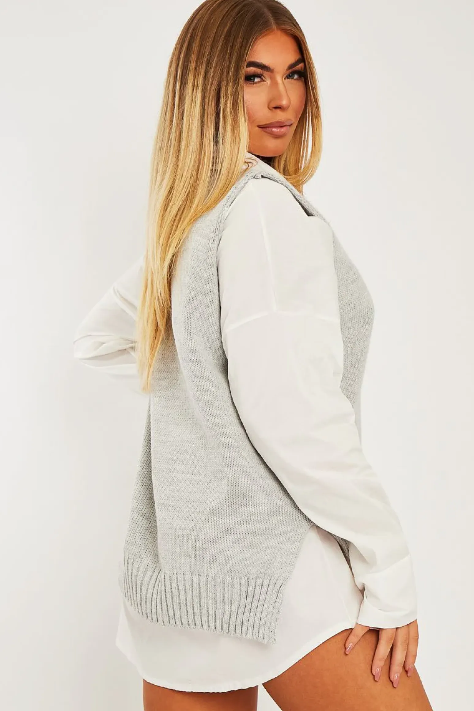 Rebellious Fashion Light Grey Shirt Insert Knit Vest Top - Caris