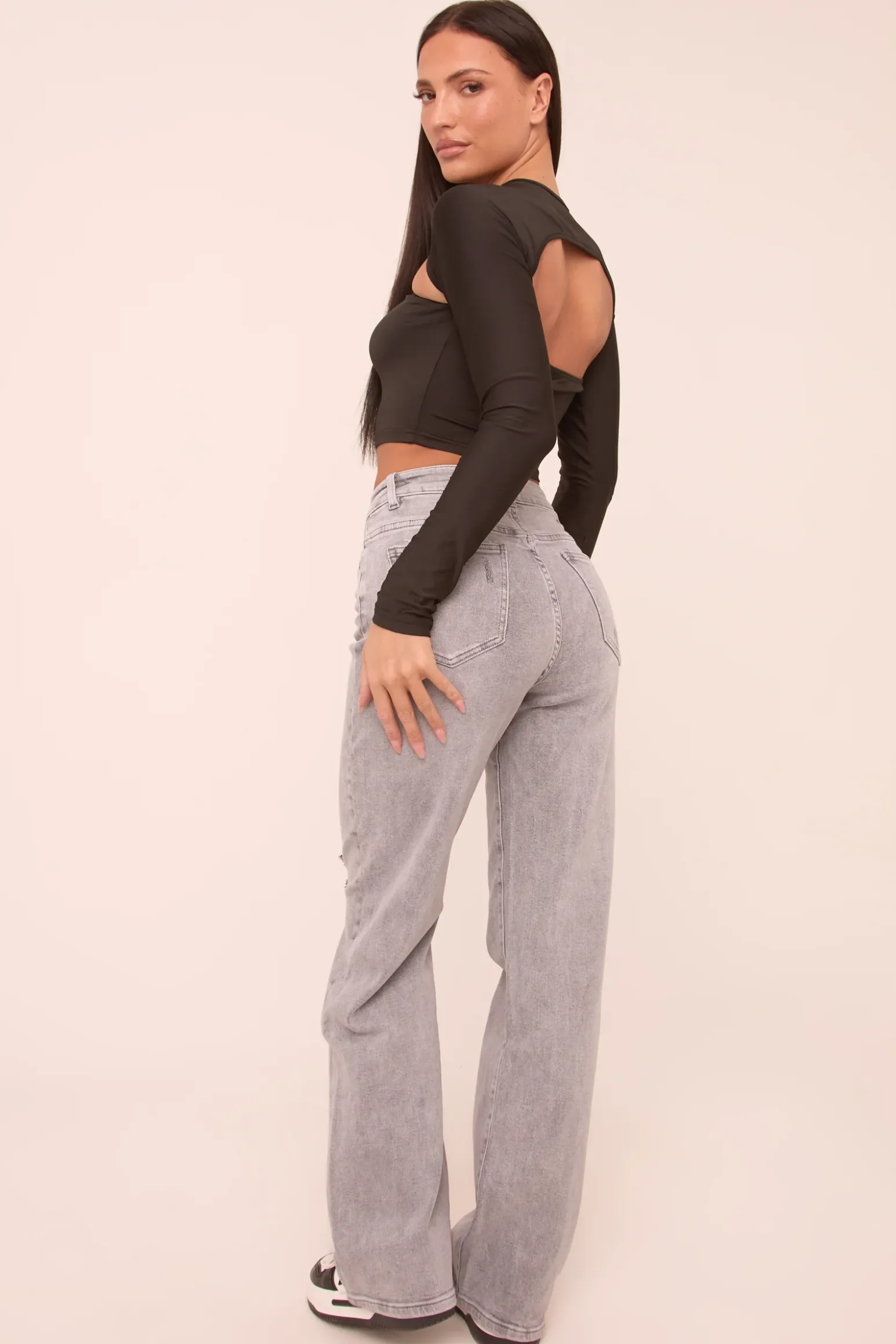 Rebellious Fashion Light Grey Stretch Distressed Mid Waist Straight Leg Jeans - Helena