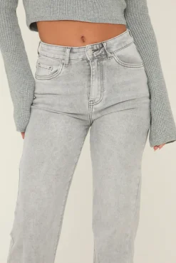 Rebellious Fashion Light Grey Stretch Straight Leg Frayed Hem Jeans - Scarlett