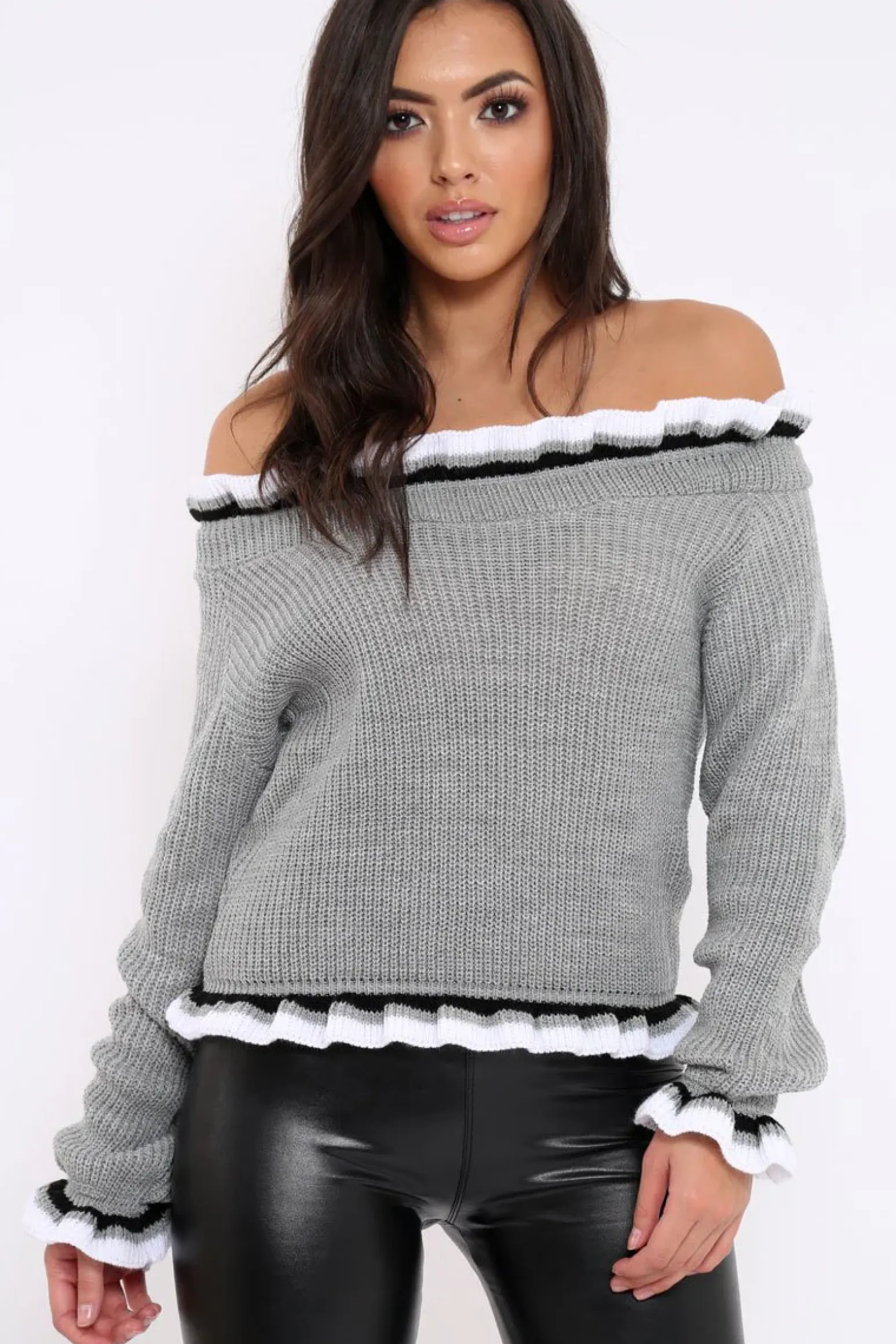 Rebellious Fashion Light Grey Stripe Bardot Knitted Jumper - Bailey