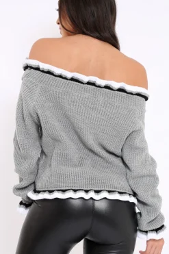 Rebellious Fashion Light Grey Stripe Bardot Knitted Jumper - Bailey