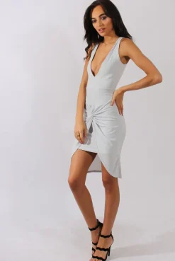 Rebellious Fashion Light Grey Tie Knot Front Slinky Dress - Robin