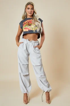 Rebellious Fashion Light Grey Toggle Detail Parachute Cargo Trousers - Sadako
