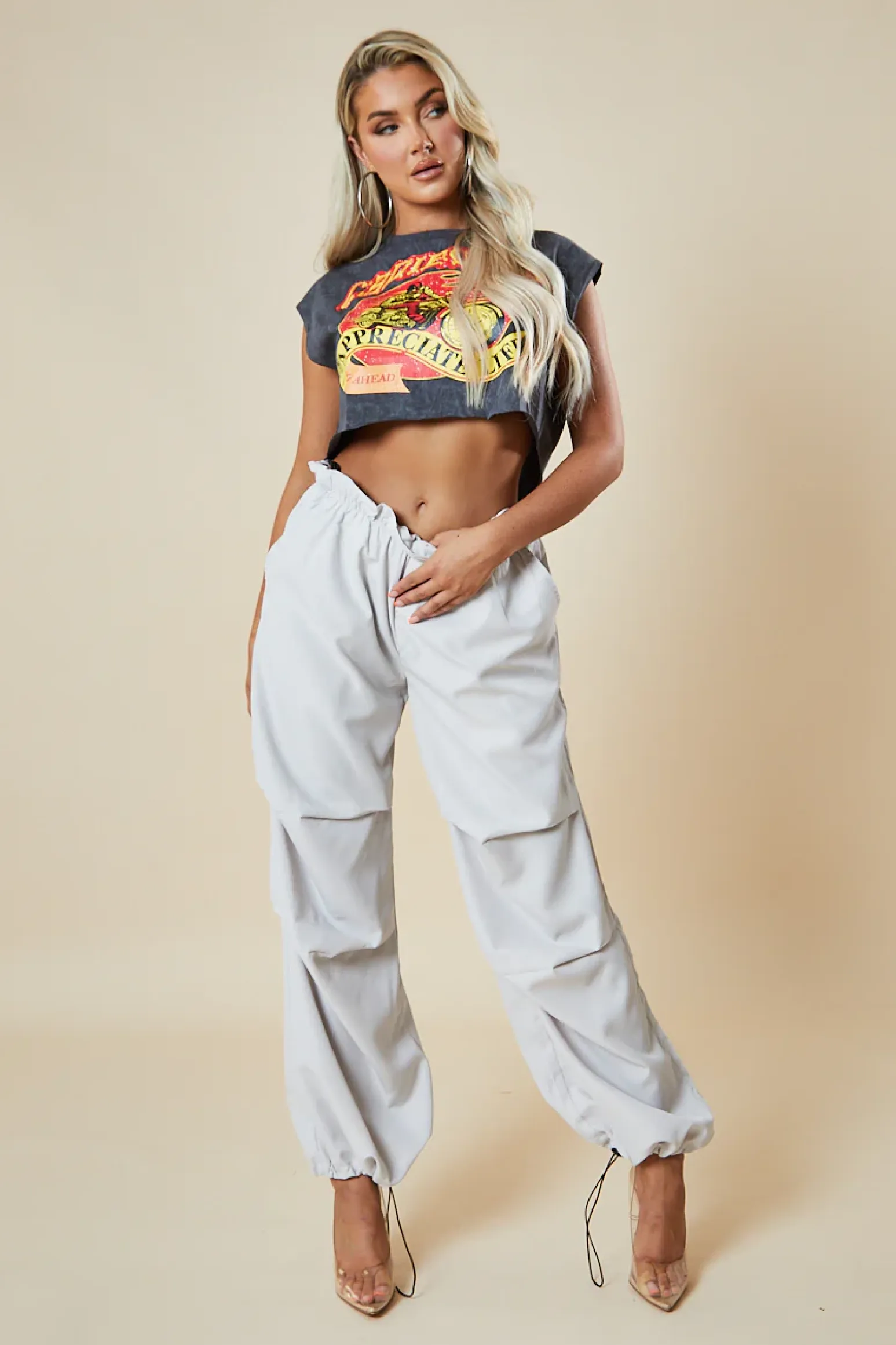 Rebellious Fashion Light Grey Toggle Detail Parachute Cargo Trousers - Sadako