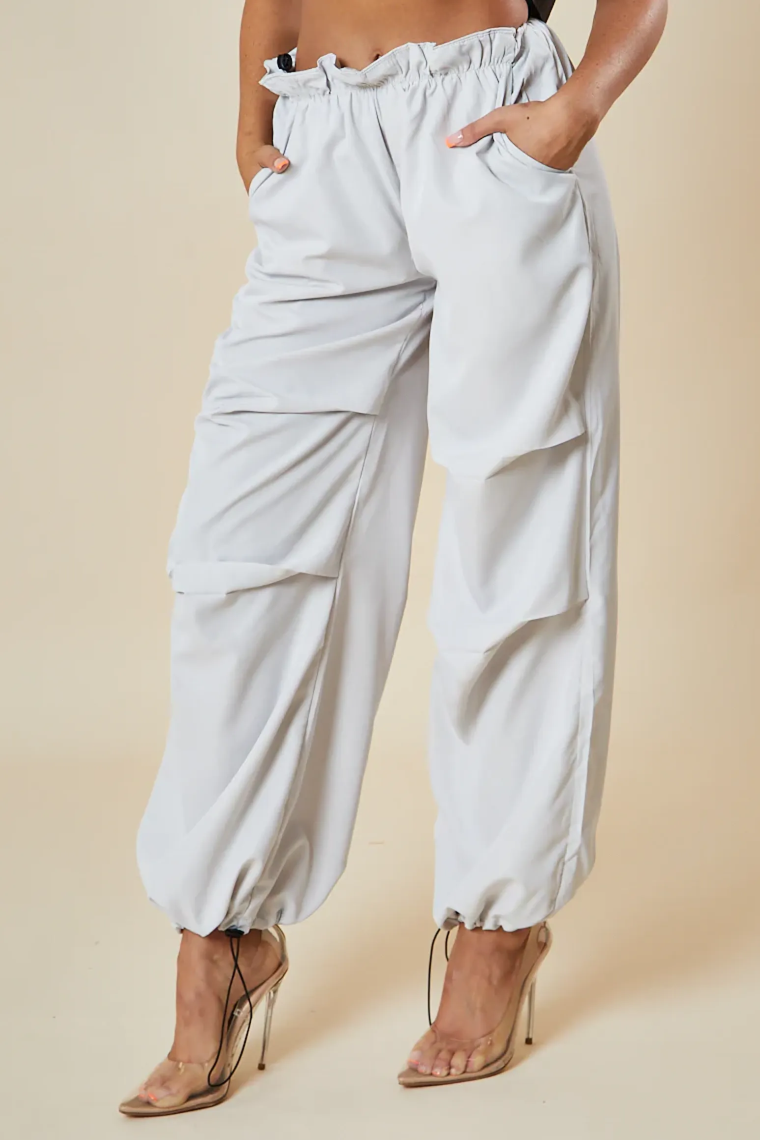 Rebellious Fashion Light Grey Toggle Detail Parachute Cargo Trousers - Sadako